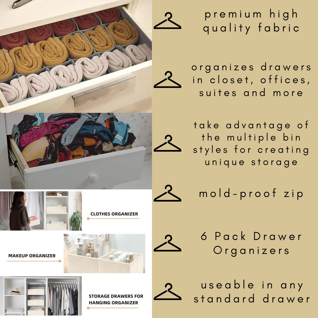 Drawer Storage Fabric Organizer Boxes, Beige - Set of 6