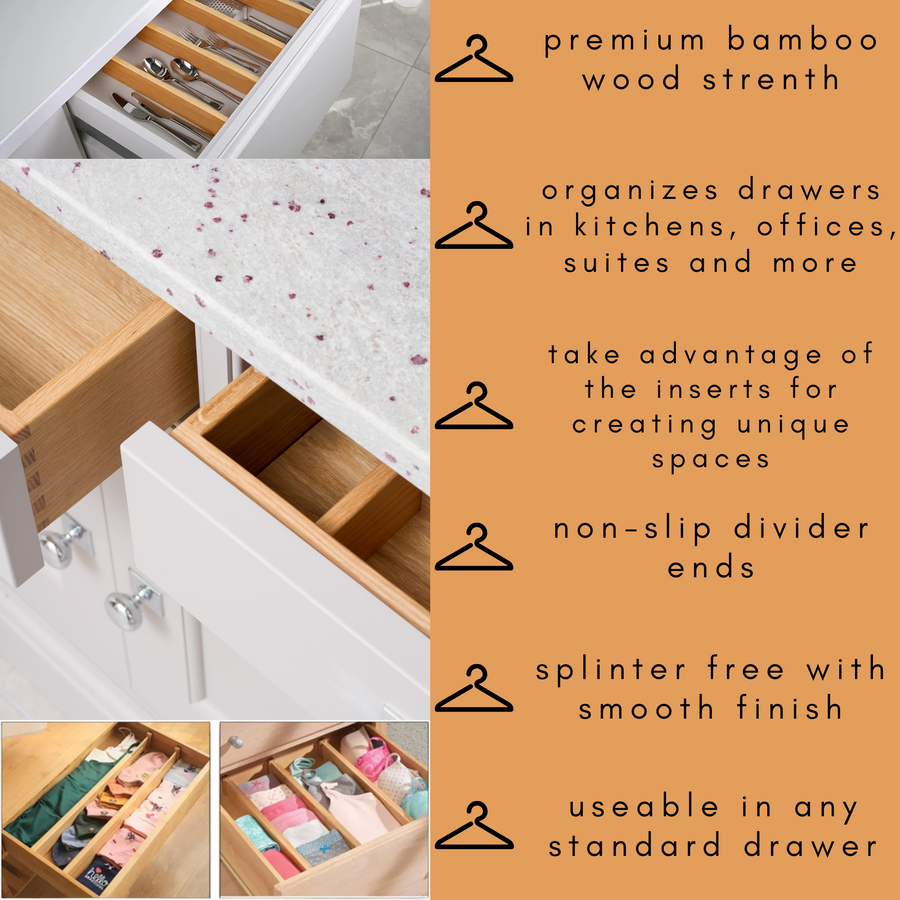 Bamboo Drawer Dividers, Natural - Set of 4 with 6 Dividers