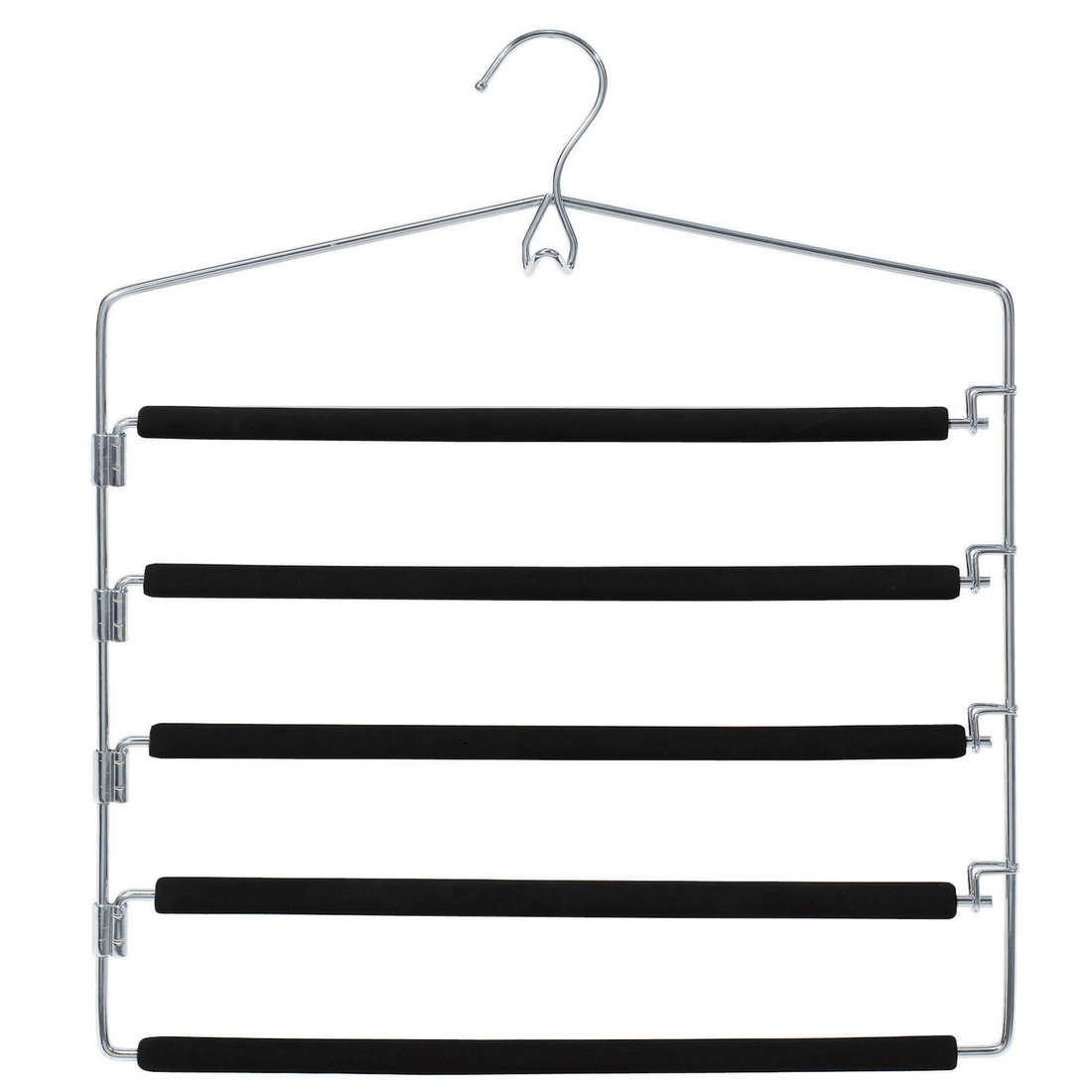chrome tier pant hangers, 5 tier to hang upto hang 5 pants, slacks, trousers, metal pant hangers with non slip foam to prevent pants to slip