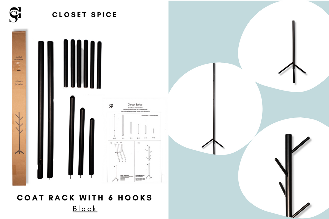 Coat Tree Rack - 6 Hooks - Black