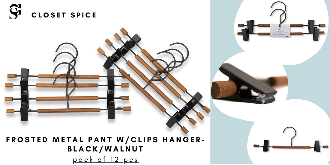 Frosted Metal Pant/Skirt Hanger with Clips - Set of 12 (Black/Walnut)