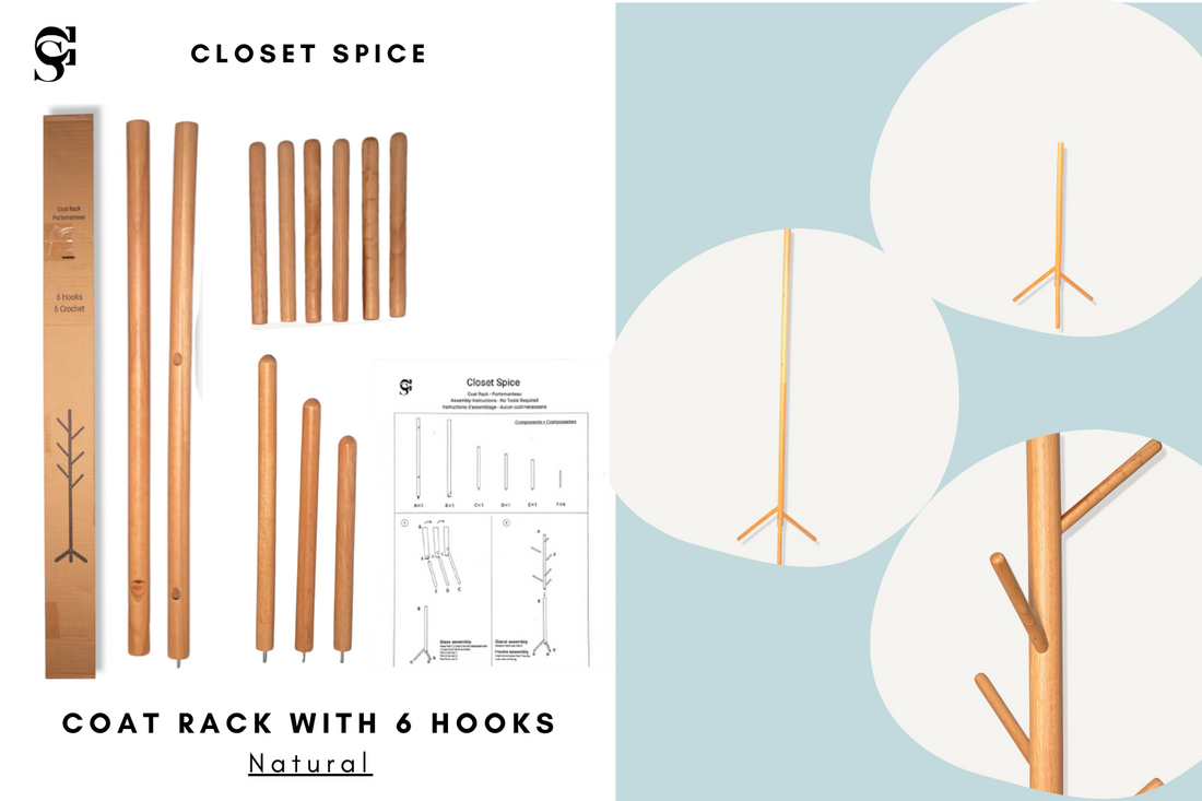 Coat Tree Rack - 6 Hooks - Natural