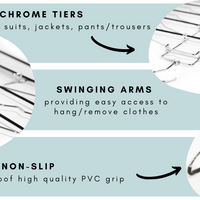chrome 5 tier suit  hangers, chrome tier suit hangers, detachable design, closet spice hangers, chrome hangers available in canada, Canadian brand of clothes hangers storage and organization