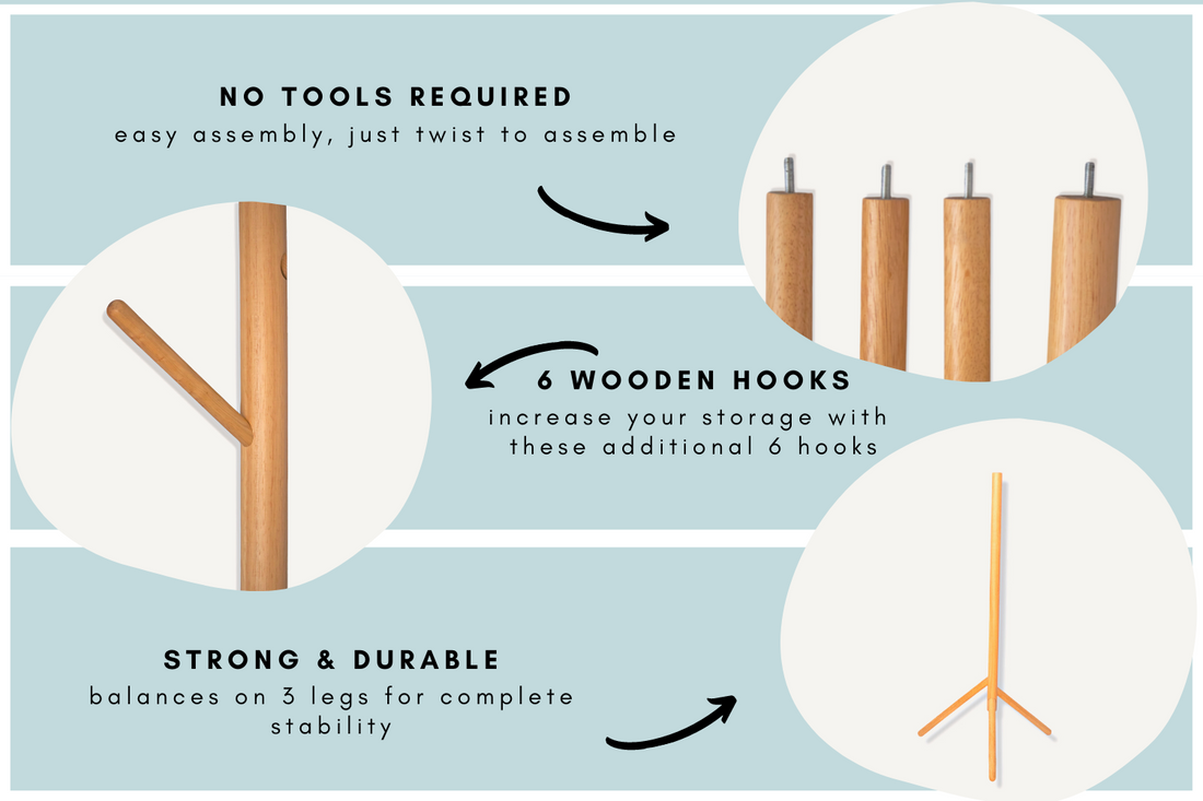 Coat Tree Rack - 6 Hooks - Natural