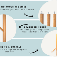 Coat Tree Rack - 6 Hooks - Natural