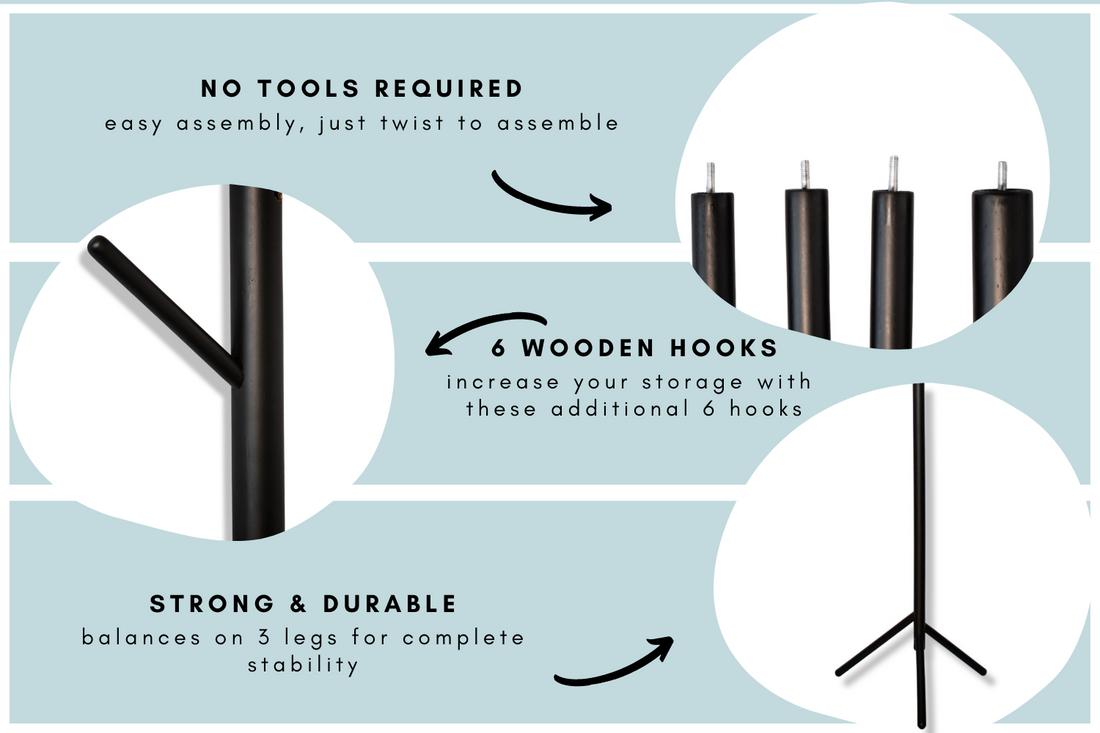 Coat Tree Rack - 6 Hooks - Black