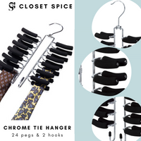 chrome tie hangers, tie hangers with 24 non slip pegs to hang 24 ties with extra 2 hooks for belt and other accessories