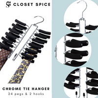 chrome tie hangers, tie hangers with 24 non slip pegs to hang 24 ties with extra  2 hooks for belt and other accessories