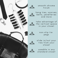 chrome tie hangers, tie hangers with 24 non slip pegs to hang 24 ties with extra 2 hooks for belt and other accessories