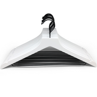 modern white wooden hangers with black chrome non slip pant bar and black chrome 360 degree hook, minimalist design white hangers with black chrome hardware.