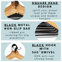 modern natural wooden hangers with black chrome non slip pant bar and black chrome 360 degree hook, minimalist design natural hangers with black chrome hardware.