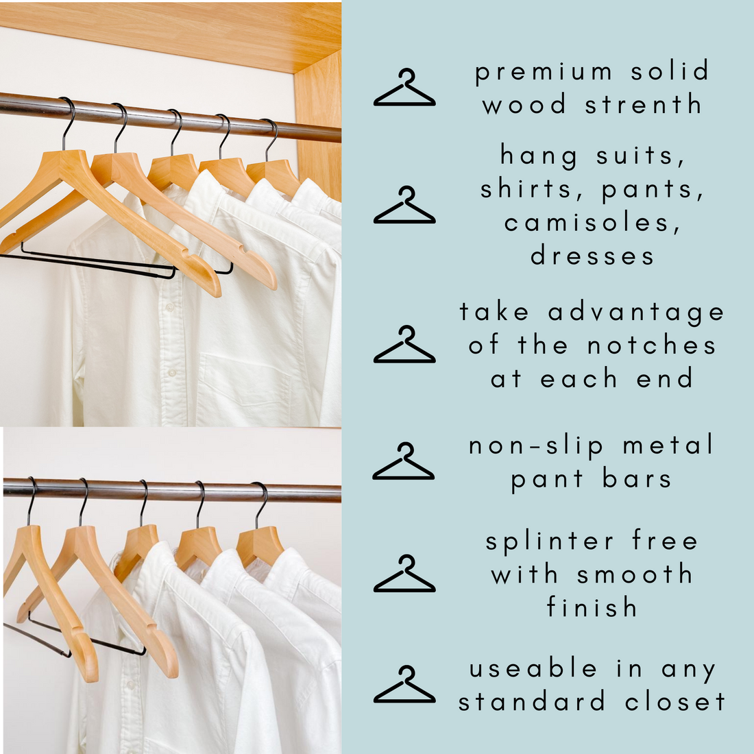 white shirts hung on a modern natural wooden hangers with black chrome non slip pant bar and black chrome 360 degree hook, minimalist capsule wardrobe design with natural hangers with black chrome hardware.