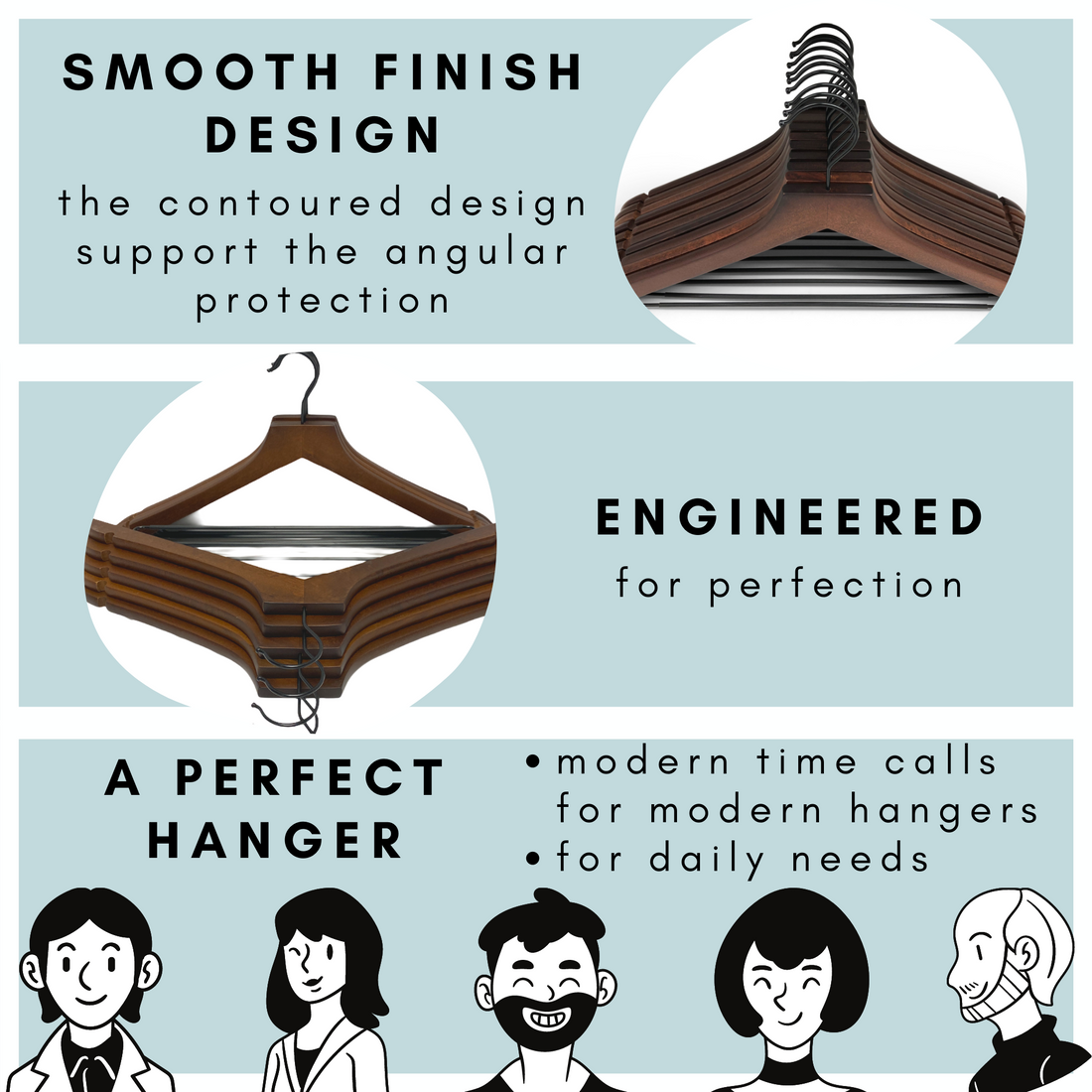 modern retro or dark brown wooden hangers with black chrome non slip pant bar and black chrome 360 degree hook, minimalist design retro or dark brown hangers with black chrome hardware.