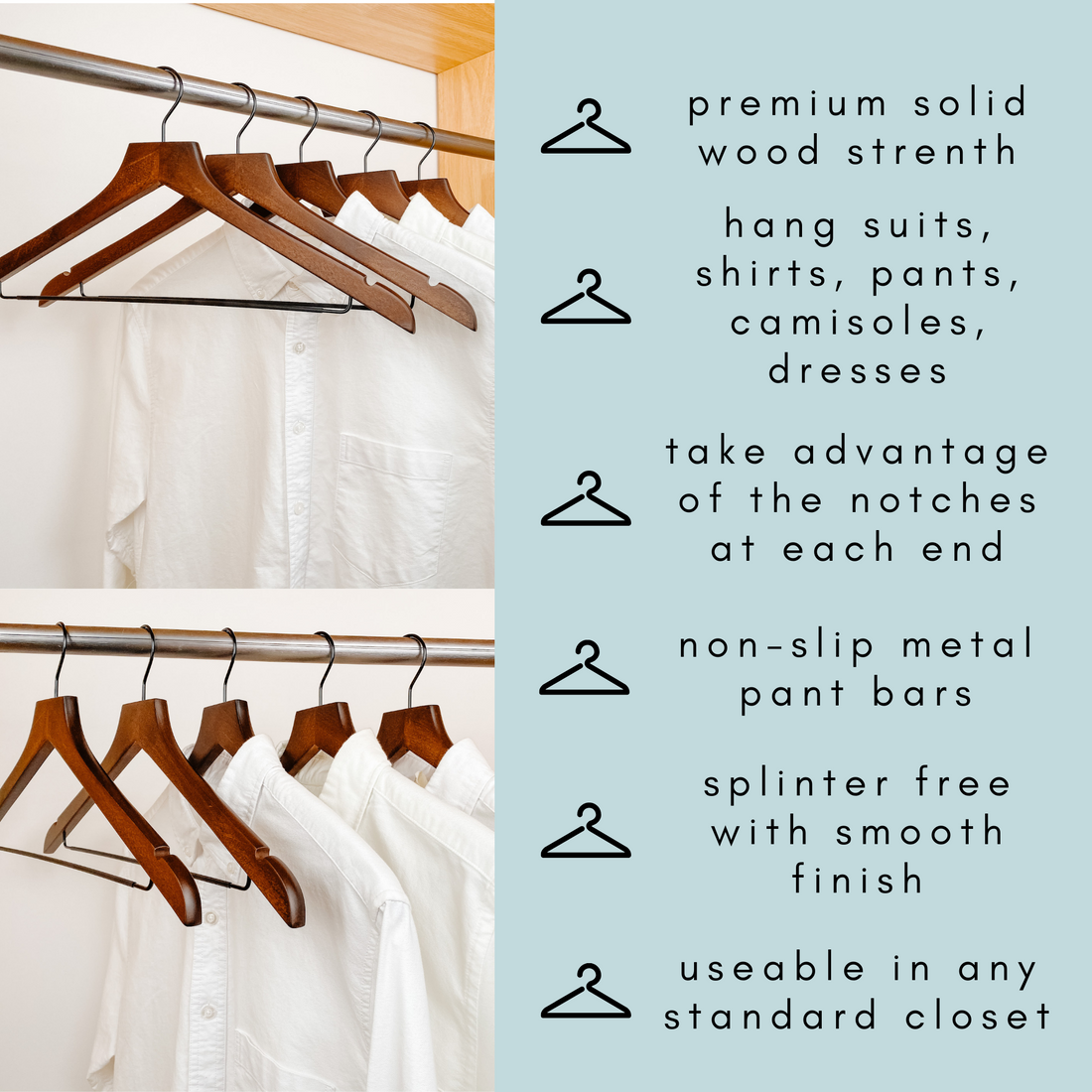 white shirts hung on a modern retro or dark brown wooden hangers with black chrome non slip pant bar and black chrome 360 degree hook, minimalist capsule wardrobe design with retro or dark brown hangers with black chrome hardware.