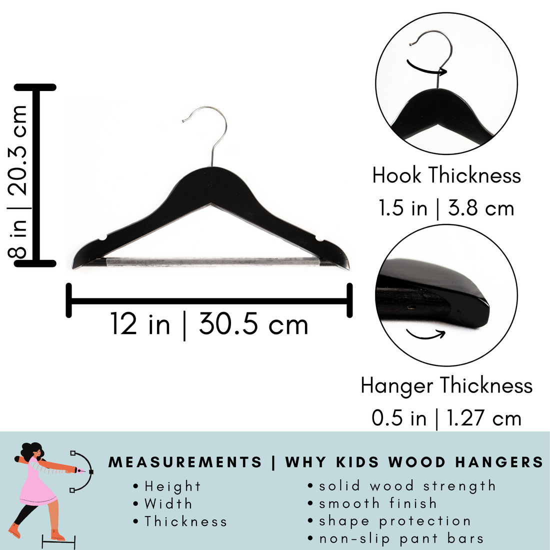 kids black wood hangers. children's wood hangers in black, baby wood hangers, toddlers black wood hangers, centres en bois, noir centres de Enfant
