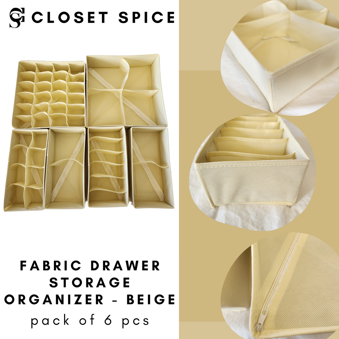 Drawer Storage Fabric Organizer Boxes, Beige - Set of 6 – Closet Spice