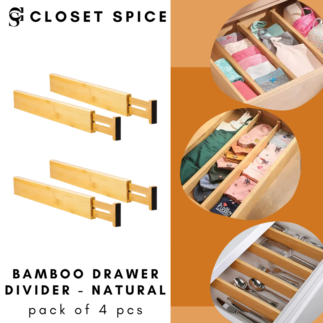 Bamboo Drawer Dividers, Natural - Set of 4 with 6 Dividers