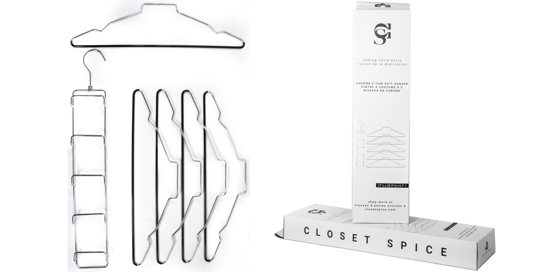 chrome 5 tier suit  hangers, chrome tier suit hangers, detachable design, closet spice hangers, chrome hangers available in canada, Canadian brand of clothes hangers storage and organization