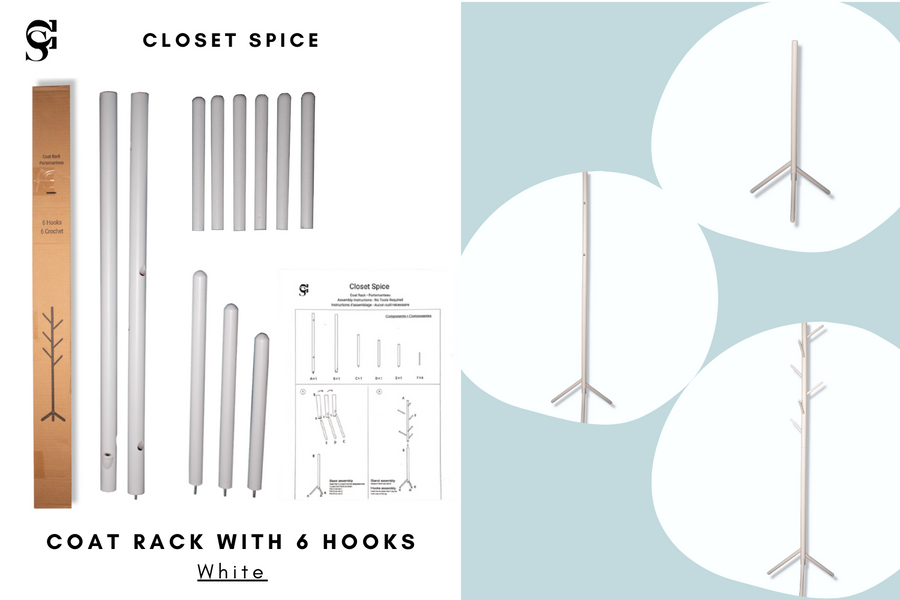 Coat Tree Rack - 6 Hooks - White