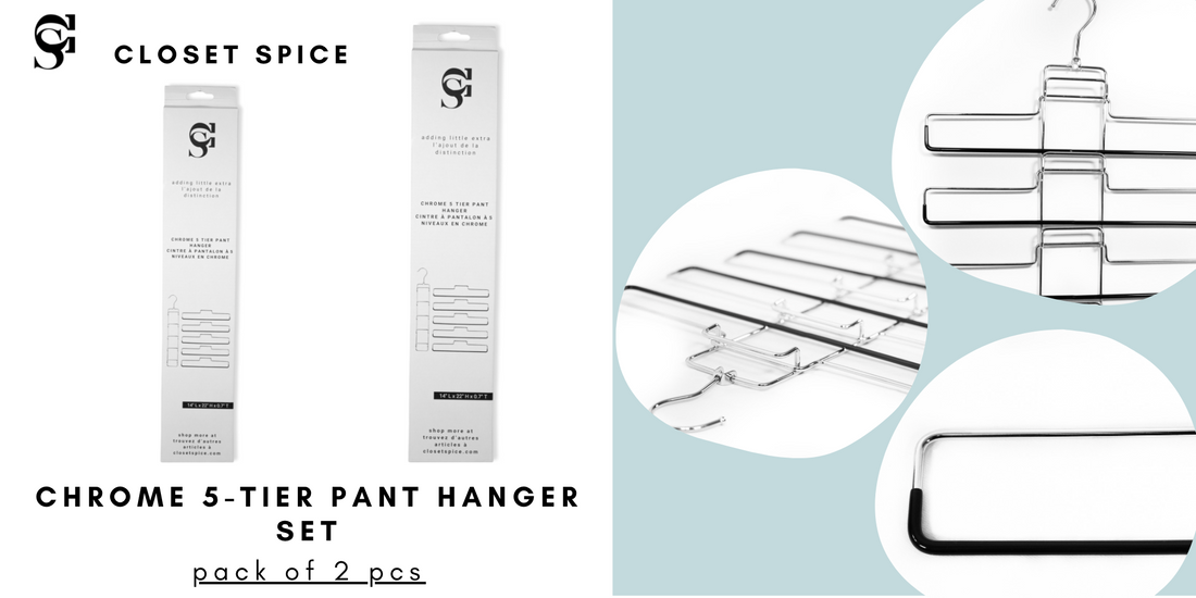 chrome 5 tier pant hangers, chrome tier pant  hangers, detachable design, closet spice hangers, chrome hangers available in canada, Canadian brand of clothes hangers storage and organization