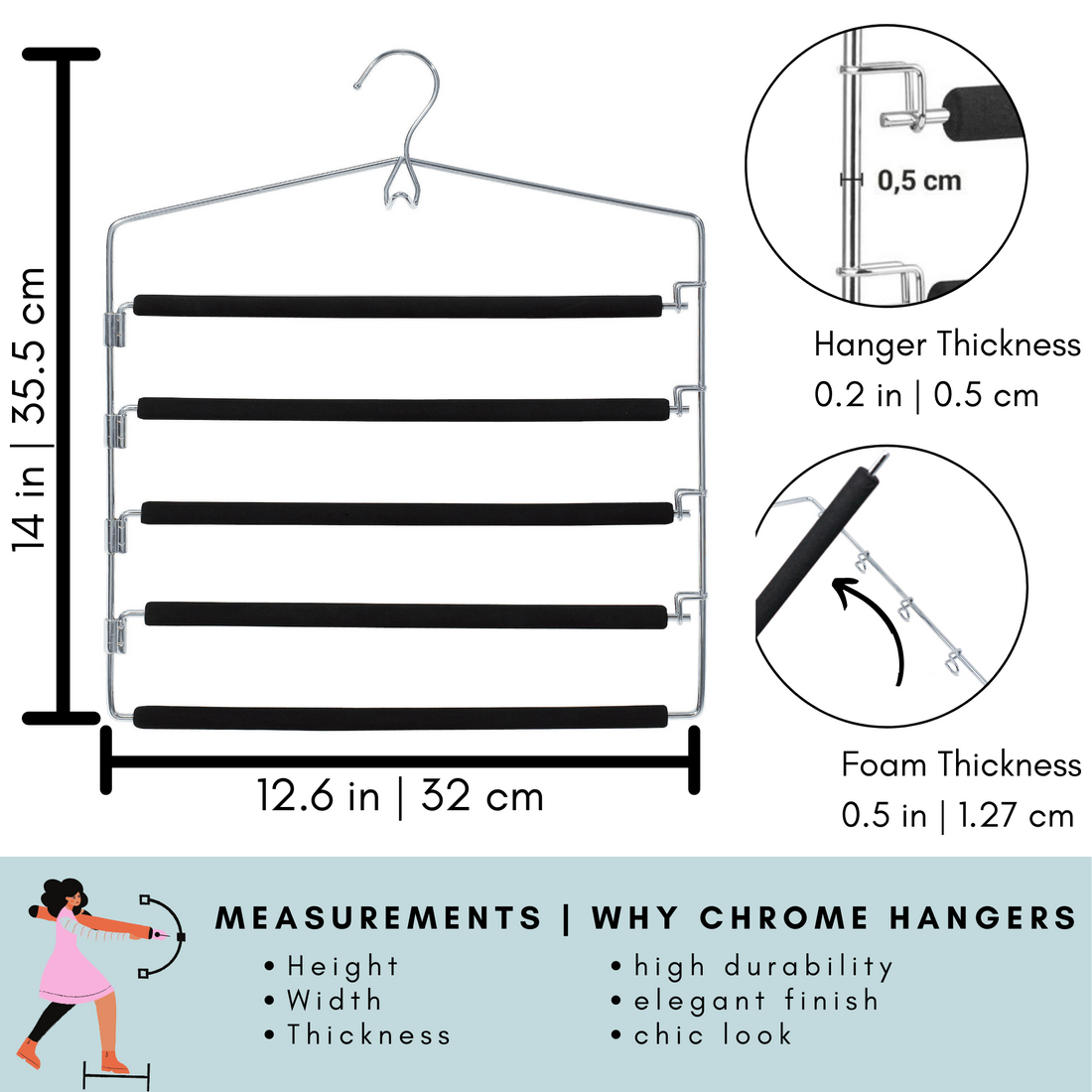 chrome tier pant hangers, 5 tier to hang upto hang 5 pants, slacks, trousers, metal pant hangers with non slip foam to prevent pants to slip