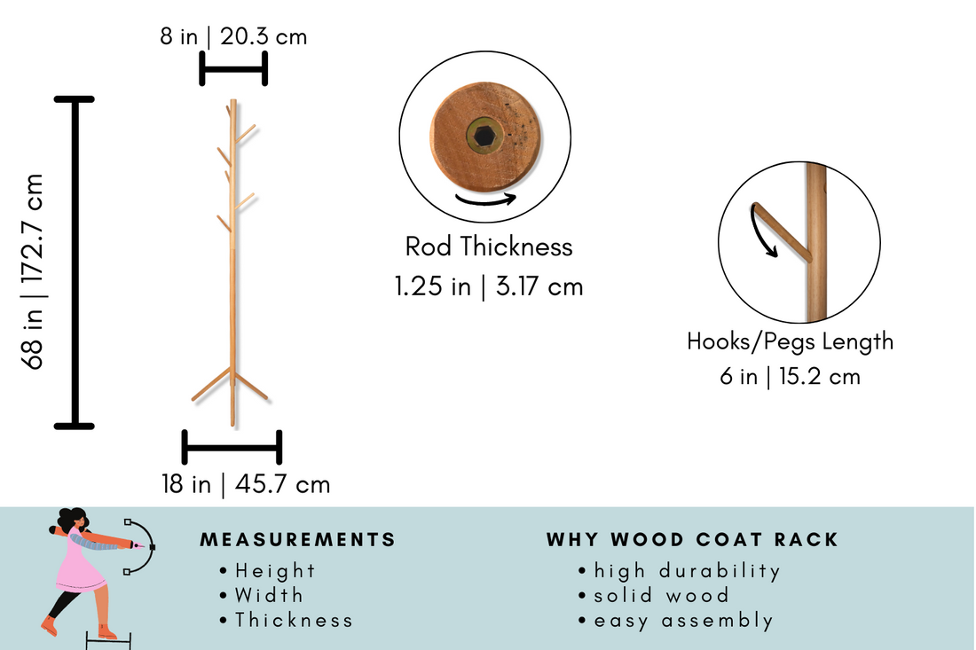 Coat Tree Rack - 6 Hooks - Natural