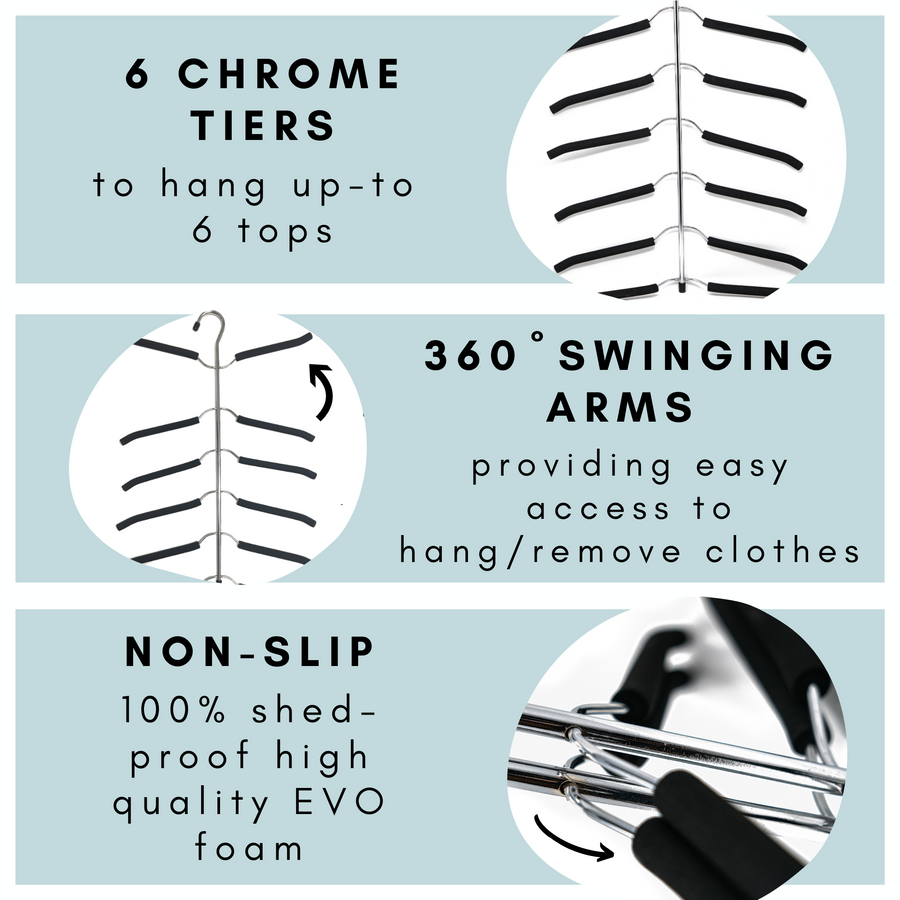 chrome tier blouse hangers, 6 tier blouse tree to hang upto hang 6 blouses, dresses, camisoles metal blouse hangers with non slip foam to prevent blouses to slip
