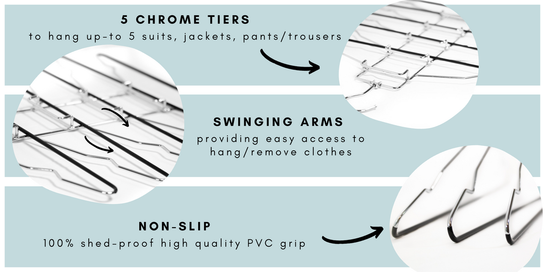 chrome 5 tier suit  hangers, chrome tier suit hangers, detachable design, closet spice hangers, chrome hangers available in canada, Canadian brand of clothes hangers storage and organization