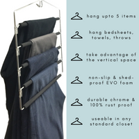 chrome tier pant hangers, 5 tier to hang upto hang 5 pants, slacks, trousers, metal pant hangers with non slip foam to prevent pants to slip