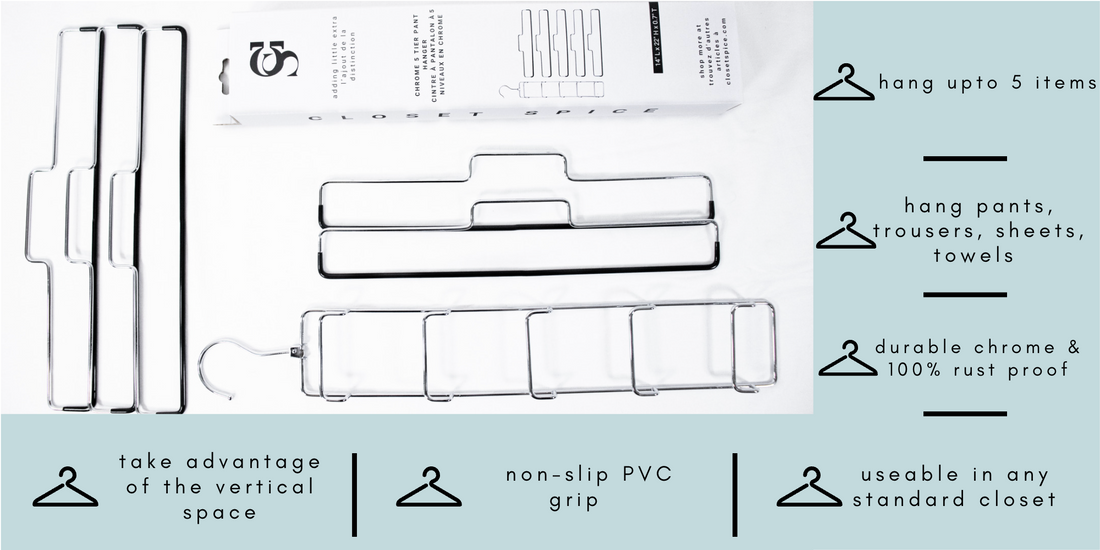 chrome 5 tier pant hangers, chrome tier pant  hangers, detachable design, closet spice hangers, chrome hangers available in canada, Canadian brand of clothes hangers storage and organization