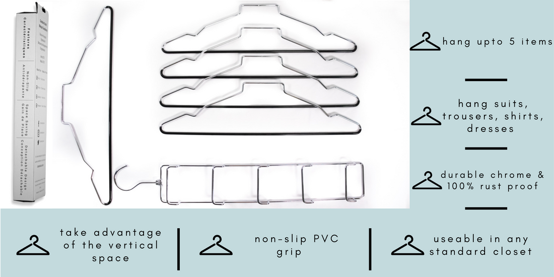 chrome 5 tier suit  hangers, chrome tier suit hangers, detachable design, closet spice hangers, chrome hangers available in canada, Canadian brand of clothes hangers storage and organization