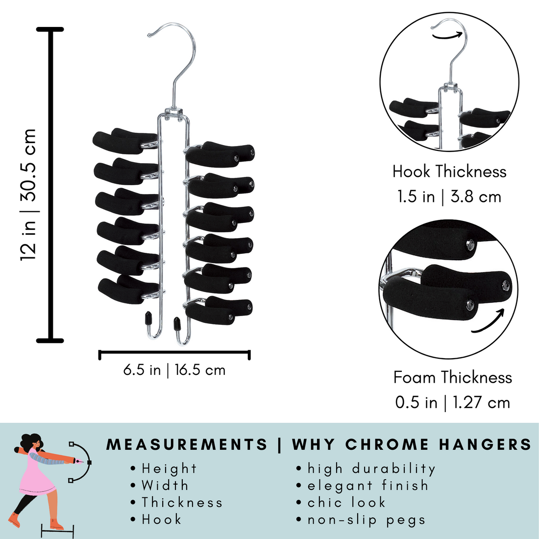 chrome tie hangers, tie hangers with 24 non slip pegs to hang 24 ties with extra  2 hooks for belt and other accessories