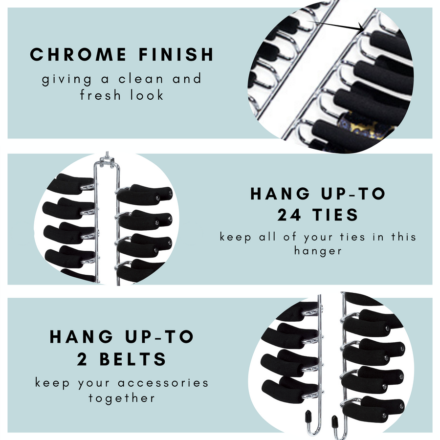 chrome tie hangers, tie hangers with 24 non slip pegs to hang 24 ties with extra  2 hooks for belt and other accessories