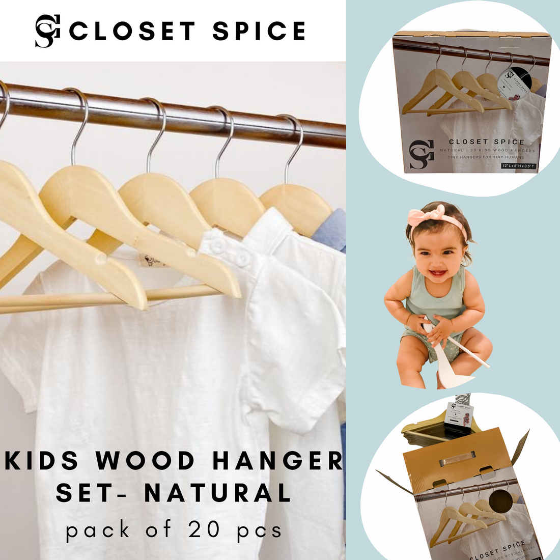 Closet Spice Kids Natural Wood Hangers 20 pcs. of Childrens