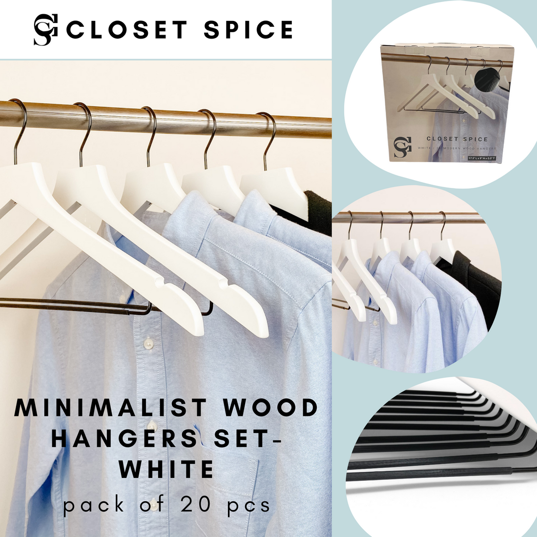 modern white wooden hangers with black chrome non slip pant bar and black chrome 360 degree hook, minimalist design white hangers with black chrome hardware.