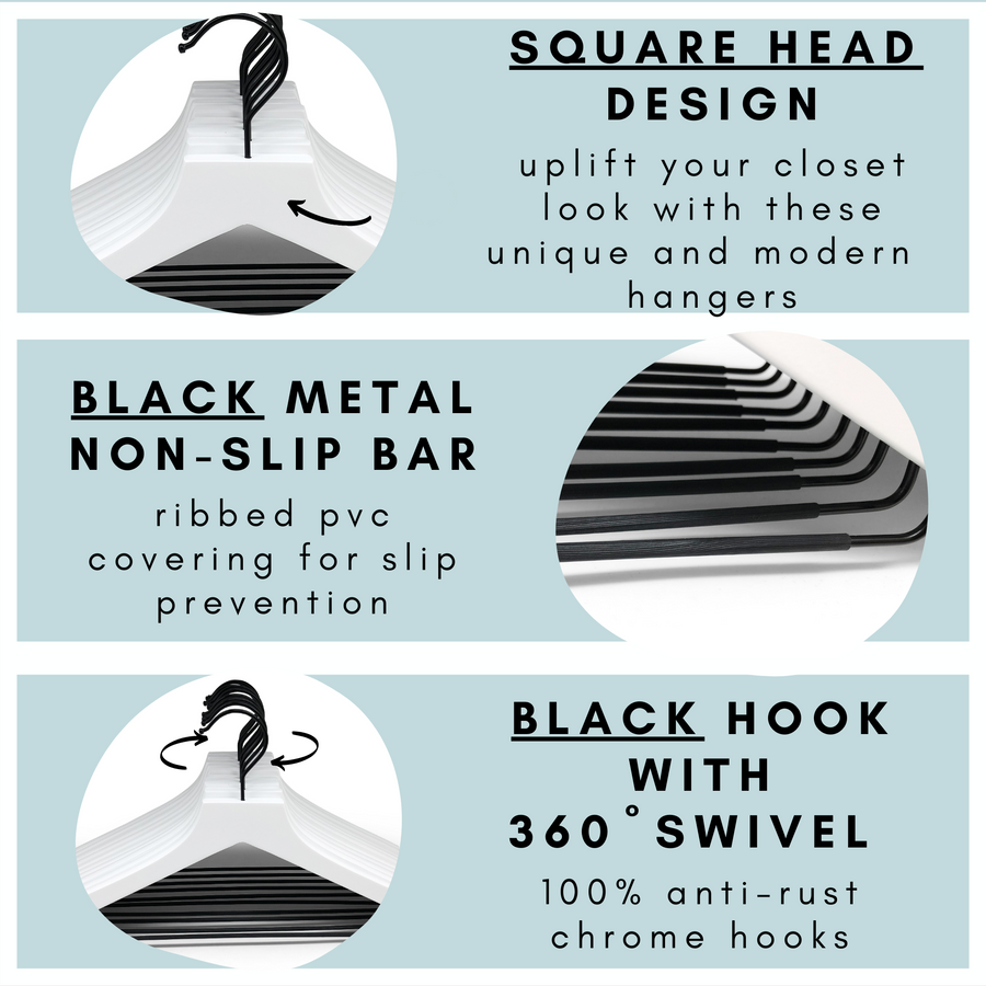 modern white wooden hangers with black chrome non slip pant bar and black chrome 360 degree hook, minimalist design white hangers with black chrome hardware.