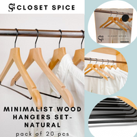 modern natural wooden hangers with black chrome non slip pant bar and black chrome 360 degree hook, minimalist design natural hangers with black chrome hardware.