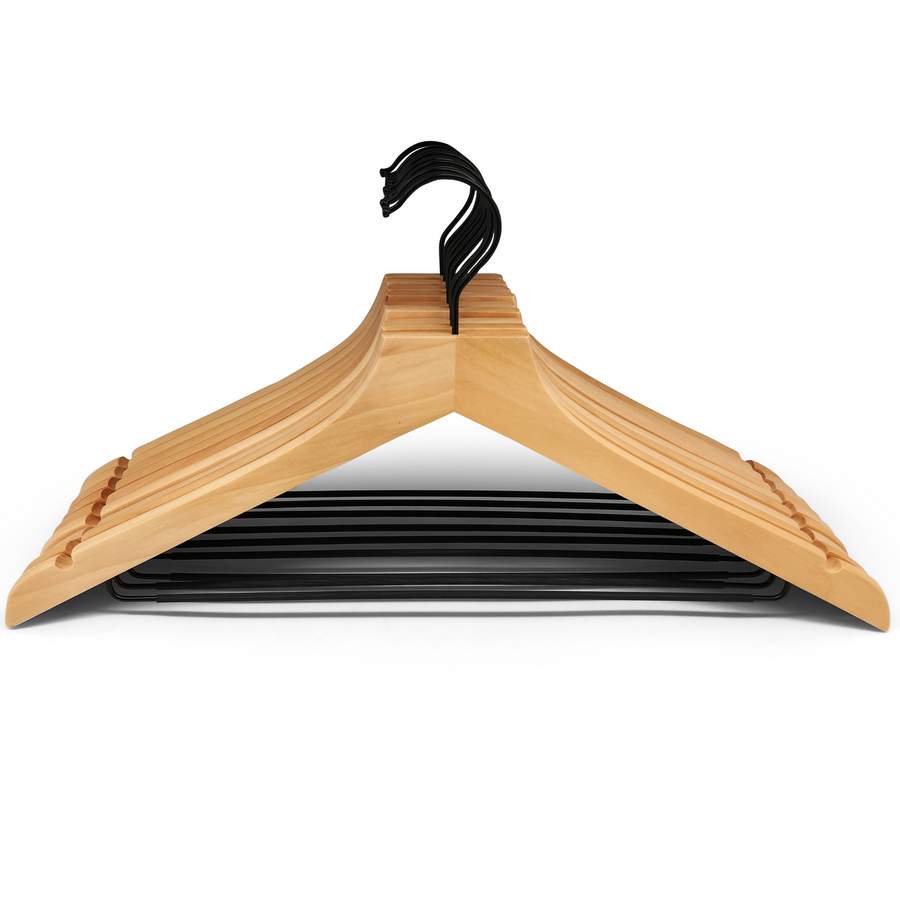 modern natural wooden hangers with black chrome non slip pant bar and black chrome 360 degree hook, minimalist design natural hangers with black chrome hardware.