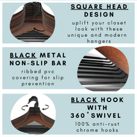 modern retro or dark brown wooden hangers with black chrome non slip pant bar and black chrome 360 degree hook, minimalist design retro or dark brown hangers with black chrome hardware.