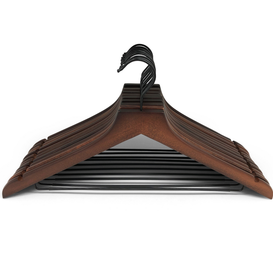 modern retro or dark brown wooden hangers with black chrome non slip pant bar and black chrome 360 degree hook, minimalist design retro or dark brown hangers with black chrome hardware.